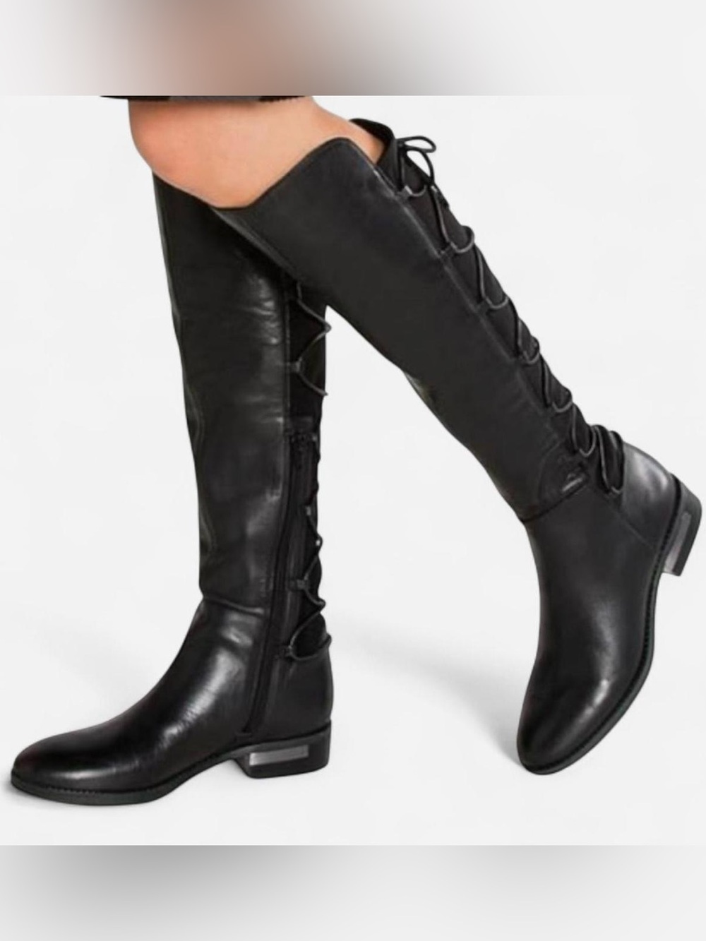 Vince Camuto Parle Stretch Black Leather Knee High Lace Up Riding Boots 8.5